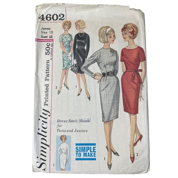 Simplicity 4602 Sewing Pattern Size 13 Junior One Piece Sheath Dress Vintage CUT - Picture 1 of 7